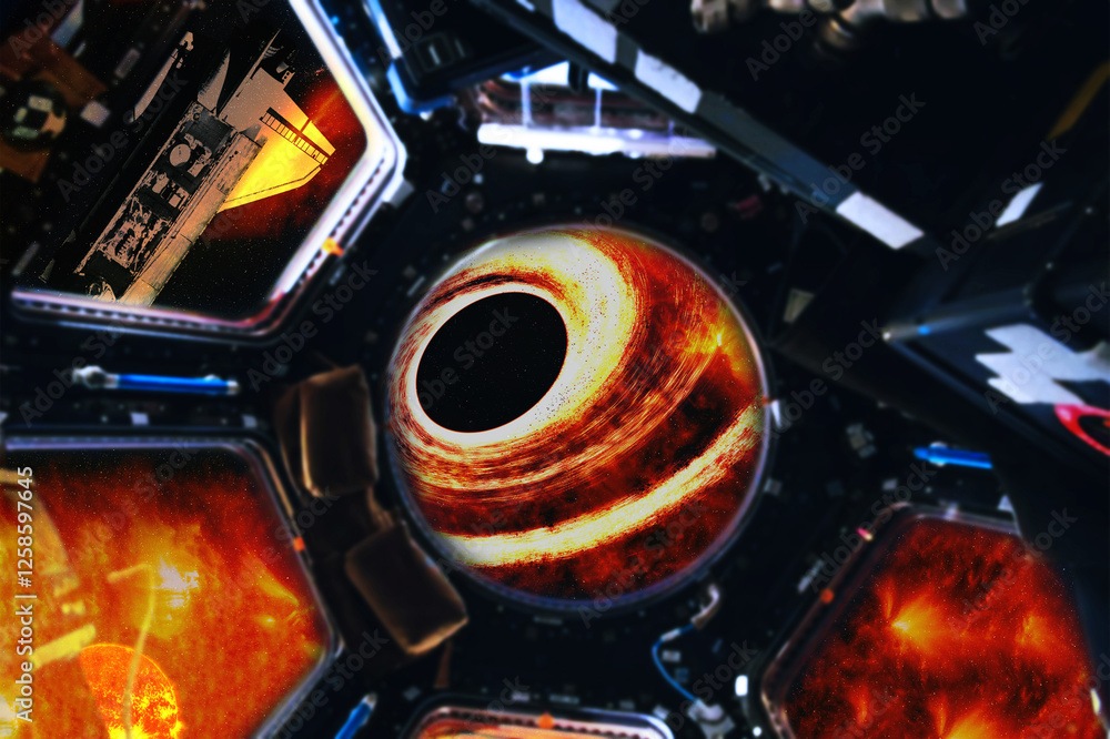 Spacecraft interior with views of space and black hole in front of it. Elements of this 3D rendered illustration were furnished by NASA.