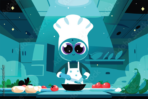 A whimsical alien chef, with three eyes and purple skin, energetically prepares a strange, multi-colored dish in a futuristic kitchen.  Strange glowing ingredients are strewn about.