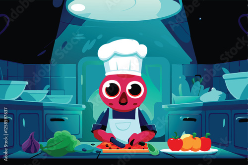 A whimsical alien chef, with three eyes and purple skin, expertly prepares a bizarre, steaming dish in a brightly colored, cluttered kitchen.