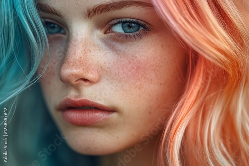 Portrait of a teenage girl with colorful dyed hair and freckles looking intensely photo