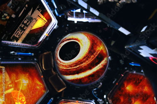 Obraz na płótnie Spacecraft interior with views of space and black hole in front of it. Elements of this 3D rendered illustration were furnished by NASA. w salonie