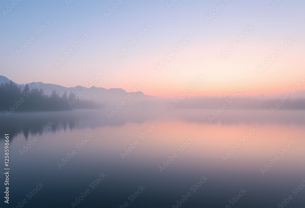 Fototapeta premium Misty Sunrise Lake, Serenity and Calm in Mountain Scenery