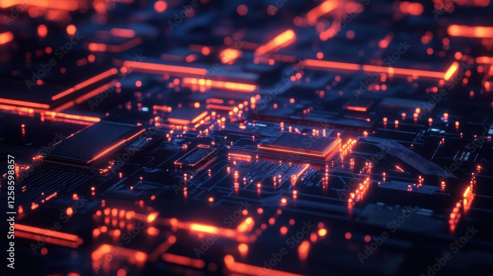 Fototapeta premium A vibrant close-up of a modern microchip, illuminated by glowing red and blue lights, showcasing intricate patterns and advanced technology.