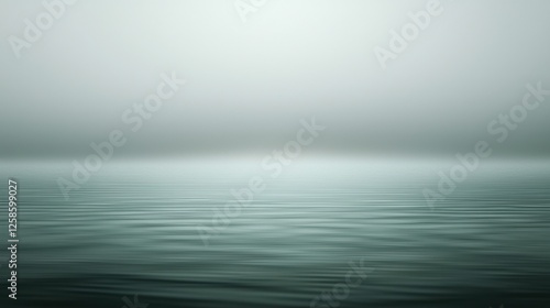 A serene, misty seascape with calm waters reflecting a muted sky, evoking tranquility and contemplation.