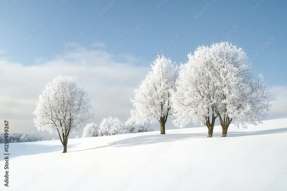 Frost covered trees stand serenely in snowy winter landscape under clear sky Frost covered trees stand serenely in snowy winter landscape under clear sky