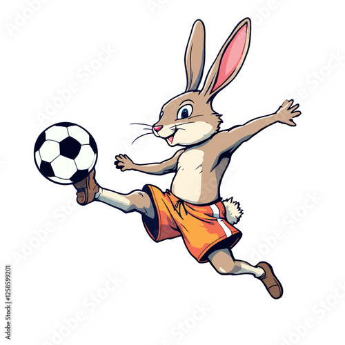 Vsai cartoon rabbit kicking soccer ball mid air wearing orange shorts