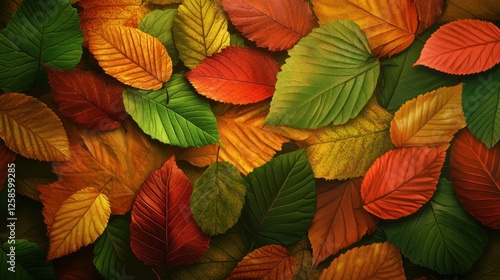 Wallpaper Mural A vibrant collection of autumn leaves in various shades of green, orange, and red creates a colorful and textured natural background. Torontodigital.ca