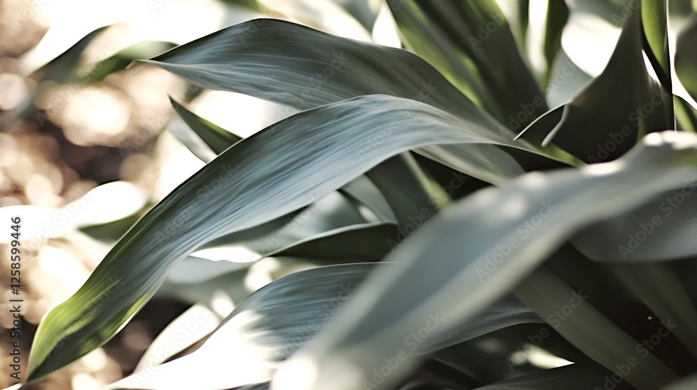 Fototapeta premium Dracaena Marginata Close-up: Intricate details of a Dracaena Marginata's elegant, slender leaves, showcasing their subtle color variations and textures in a soft, natural light.