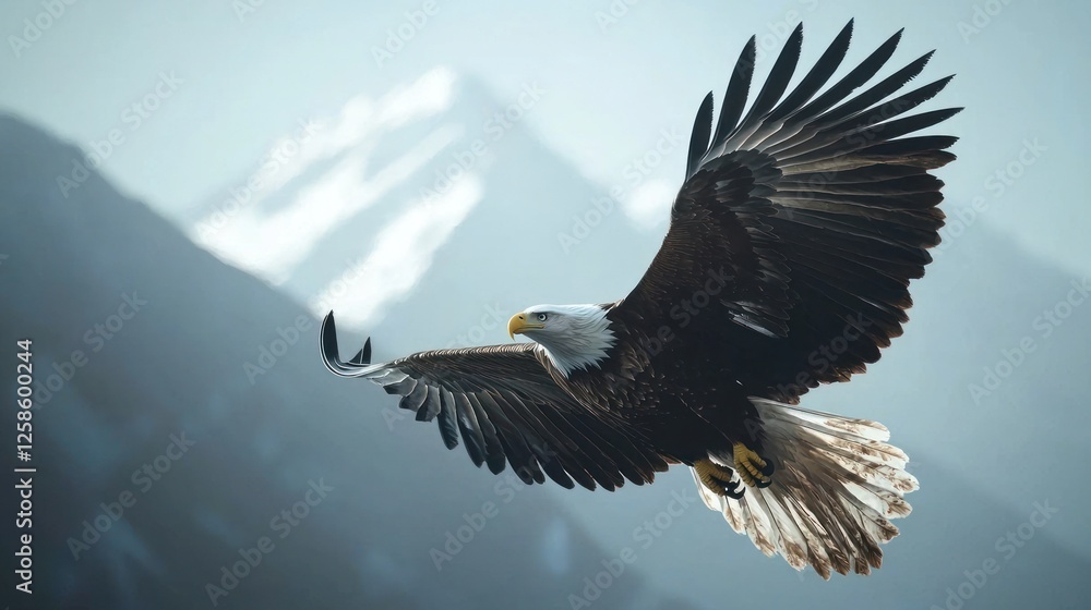 Fototapeta premium Majestic Bald Eagle Soaring Above Mountain Peaks