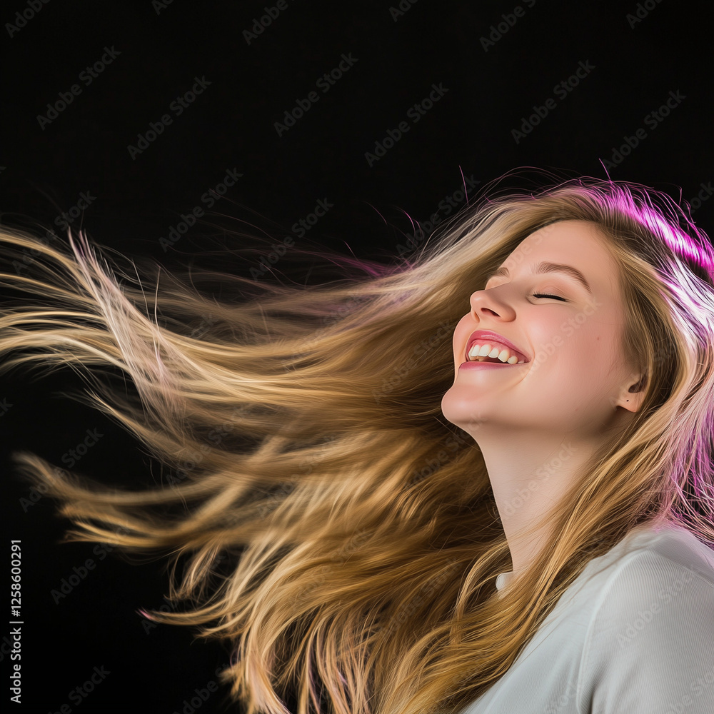 Fototapeta premium Smiling Young Woman with Flowing Blonde Hair Against Black Background