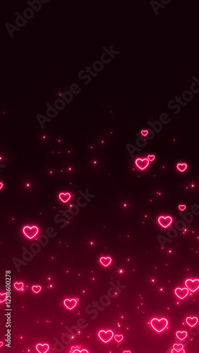 valentines day love neon lights hearts and shiny glowing stars flying , vertical romantic red valentine social media background	