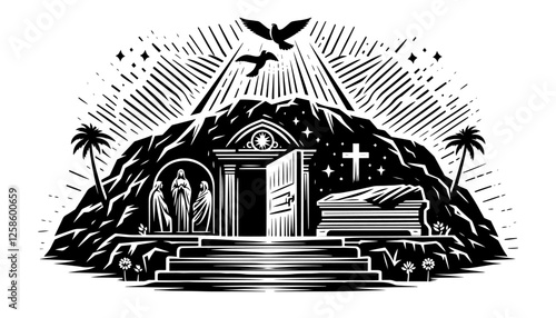 Christian religious vector of an empty tomb, spiritual easter icon