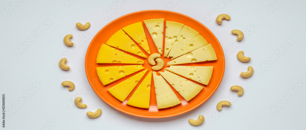 Flat lay of a plate of assorted cheese and nuts Flat lay of a plate of assorted cheese and nuts