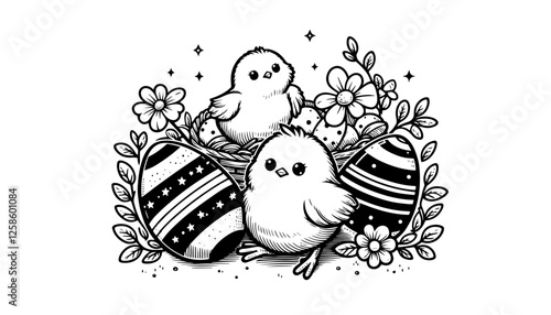 vector illustration of two baby chicks with decorated easter eggs, surrounded by flowers, black and white festive design
