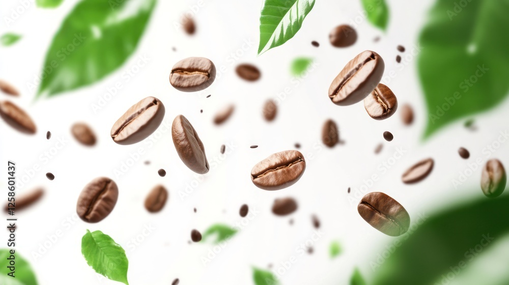 Obraz premium A vibrant display of floating coffee beans and fresh green leaves, showcasing the natural beauty and essence of coffee in a dynamic composition.