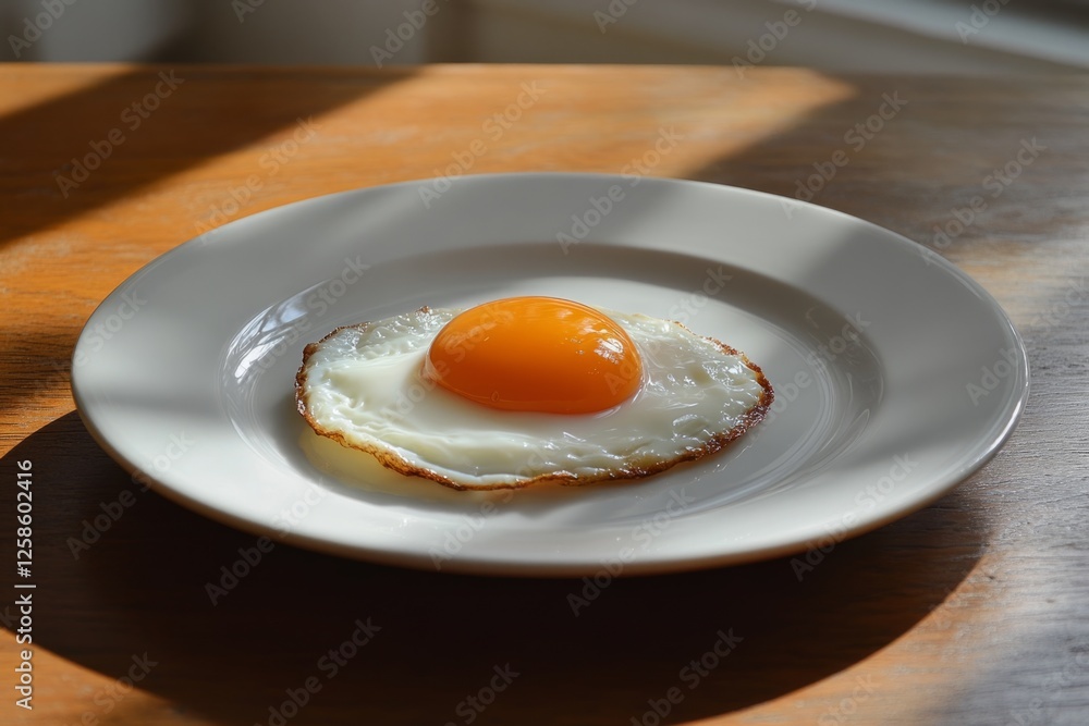 Simple breakfast of one fried egg, sunny side up, resting on a white plate on a light wood table in bright morning sunlight Simple breakfast of one fried egg, sunny side up, resting on a white plate on a light wood table in bright morning sunlight