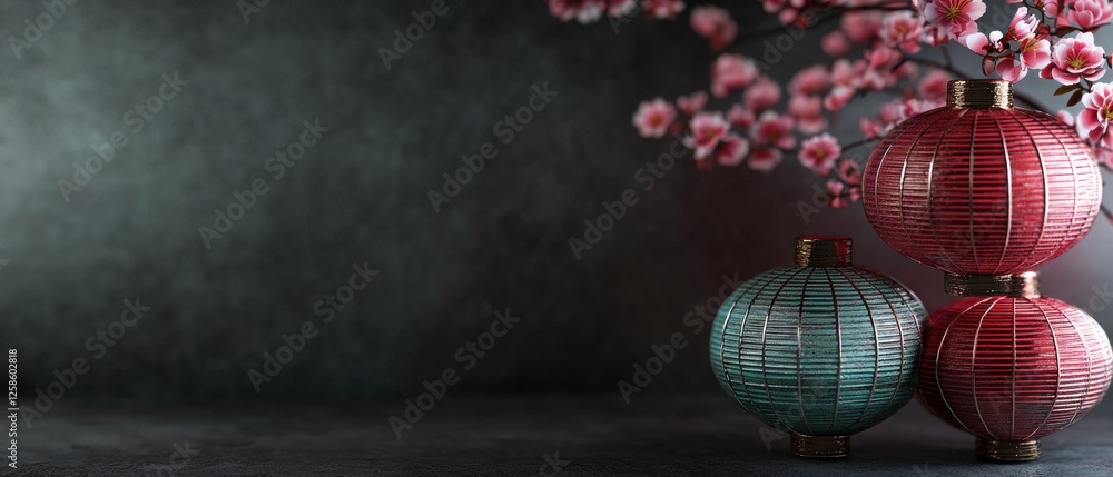 Obraz premium Red and Teal Lanterns with Pink Cherry Blossoms on Dark Background
