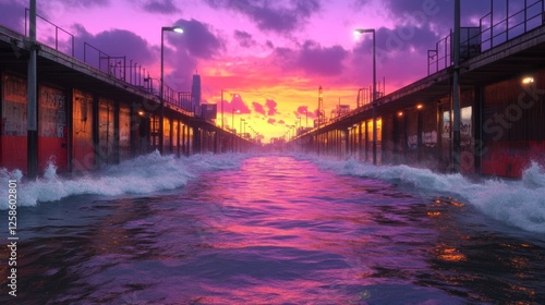 Wallpaper Mural Vibrant sunset over a flooded urban pier. Waves crash against the weathered structures, casting a surreal glow on the water. Torontodigital.ca
