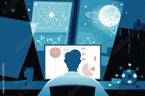 A focused scientist analyzes complex data charts displayed on a computer screen, deeply engrossed in scientific research.