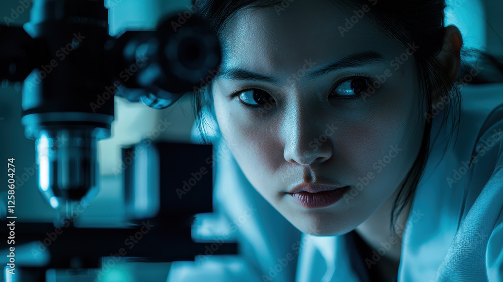 Determined female quantum computing scientist working on advanced quantum chip in futuristic laboratory illuminated by cold blue light Determined female quantum computing scientist working on advanced quantum chip in futuristic laboratory illuminated by cold blue light