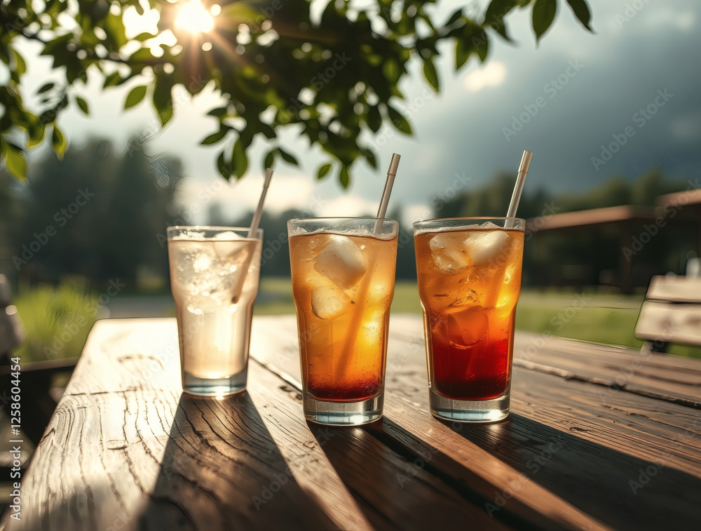 Refreshing summer drinks enjoyed on a wooden table in a sunlit garden setting during golden hour