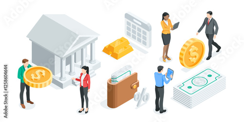 isometric vector business concept with people and icons of money with bank and calendar, in color on white background, deposit and money or financial work