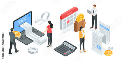 isometric vector business concept with people and icons of money with receipt and calendar, in color on white background, tax and money or financial work