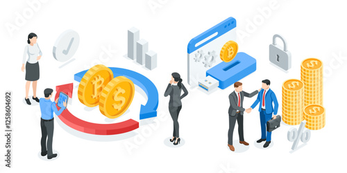 isometric vector business concept with people and icons of money with arrows and chart, in color on white background, converting money or financial work
