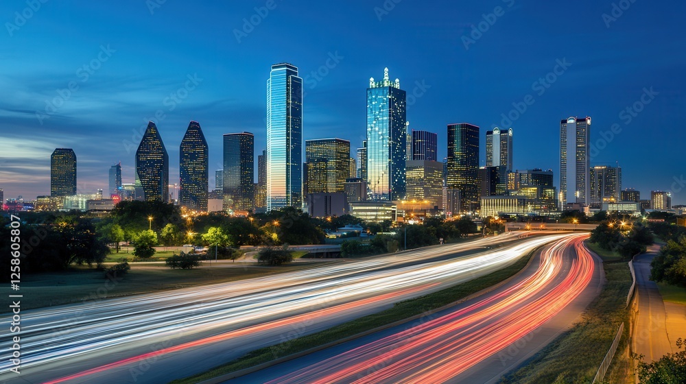 A stunning city skyline featuring a highway illuminated by long exposure light streaks, showcasing urban vibrancy and motion at dusk. A stunning city skyline featuring a highway illuminated by long exposure light streaks, showcasing urban vibrancy and motion at dusk.