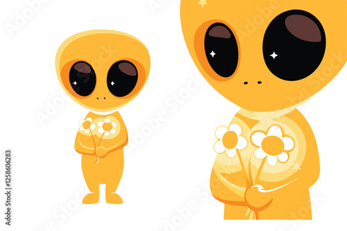 A bashful extraterrestrial creature gently clutches a vibrant bouquet of bioluminescent alien flora, radiating soft light.