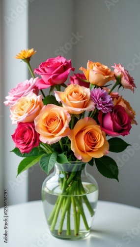 Colorful mix of roses and other flowers in a vase, rose flowers, mixed flowers, colorful flowers