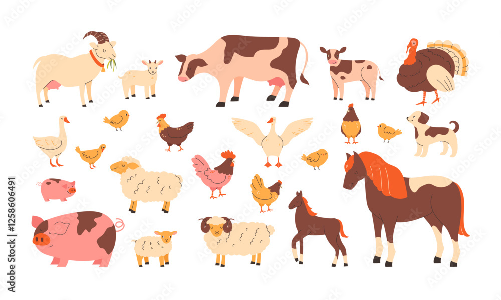 Collection of playful farm animals on a white background Collection of playful farm animals on a white background
