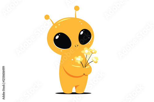 A bashful extraterrestrial, with large eyes, shyly presents a vibrant bouquet of bioluminescent alien flora.
