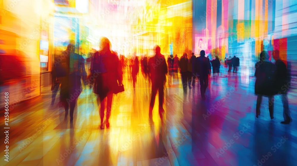 A vibrant urban scene featuring silhouettes of people walking through a colorful, dynamic environment, filled with bright lights and energy. A vibrant urban scene featuring silhouettes of people walking through a colorful, dynamic environment, filled with bright lights and energy.