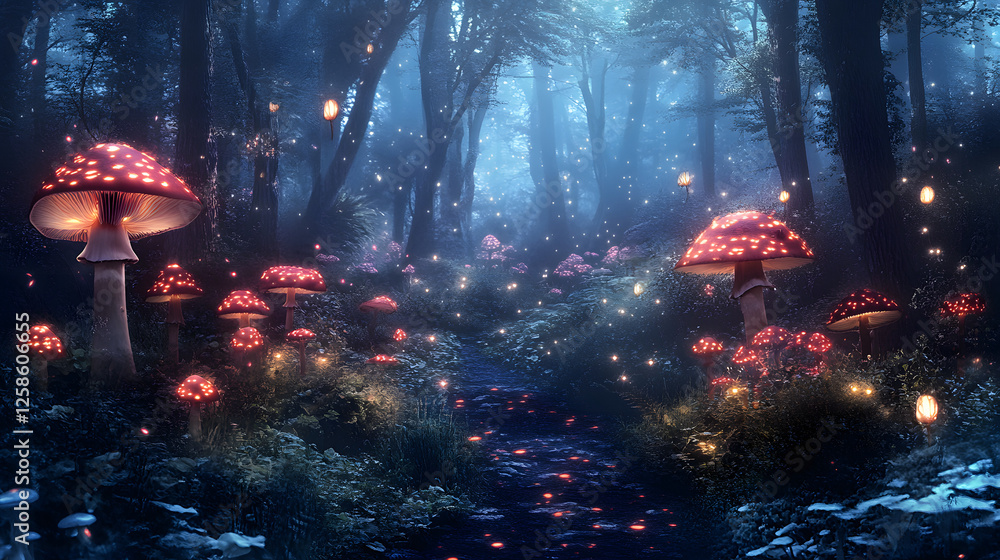 Obraz premium A serene forest scene filled with various mushrooms and soft glowing lights at twilight