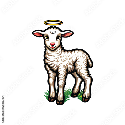 Render a charming illustration of a gentle lamb, possessing a small, golden halo, set against a plain white background.