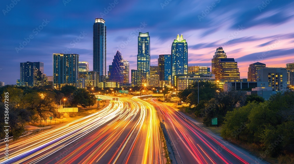 Fototapeta premium A vibrant city skyline featuring modern buildings, a busy highway, and cars bustling along the thoroughfare, showcasing urban life and infrastructure.