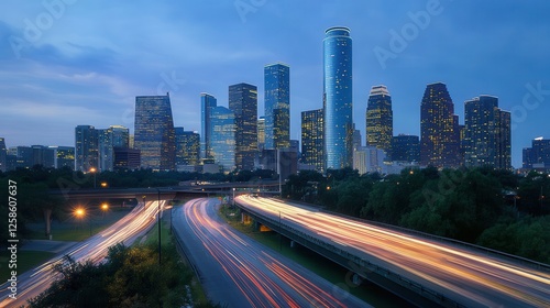 Aerial view showcasing a vibrant city skyline, featuring a bustling highway and an impressive bridge against a clear sky.