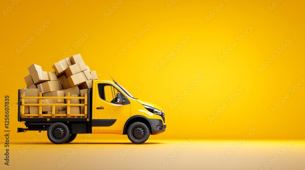 Yellow delivery truck with stacked cardboard boxes on the side against a vibrant yellow background, perfect for logistics and transport themes in modern marketing Yellow delivery truck with stacked cardboard boxes on the side against a vibrant yellow background, perfect for logistics and transport themes in modern marketing
