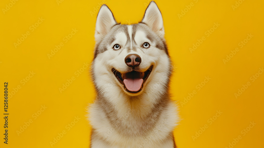 Husky dog portrait with yellow background showcasing its features and expressive eyes Husky dog portrait with yellow background showcasing its features and expressive eyes