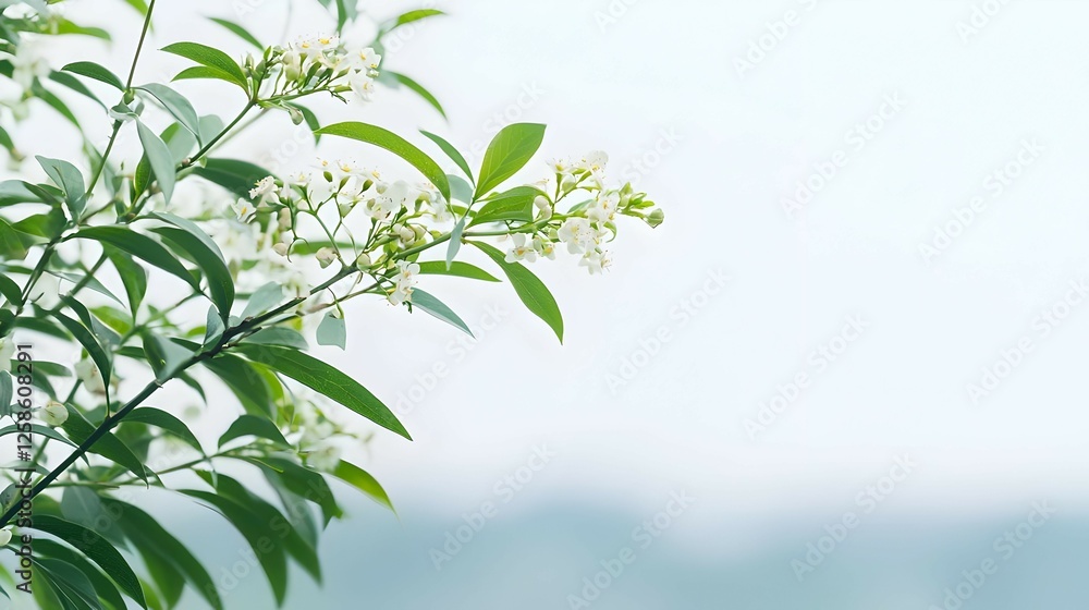 White Flowers and Green Leaves on Branch Soft Focus Background White Flowers and Green Leaves on Branch Soft Focus Background