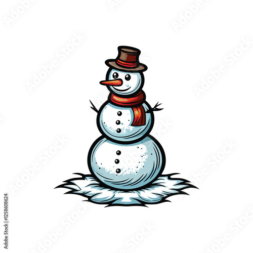 A charming snowman, meticulously crafted, dons a vibrant scarf, a cozy hat, and a bright orange carrot nose.  The scene is idyllic and wintery.