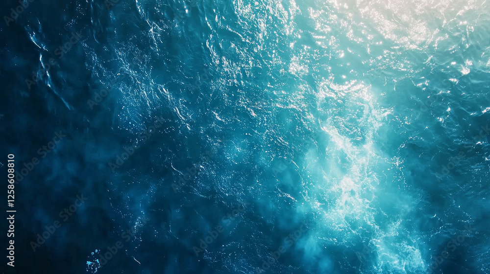 Birds-eye view of calm ocean waters reflecting sunlight in deep blue hues Birds-eye view of calm ocean waters reflecting sunlight in deep blue hues