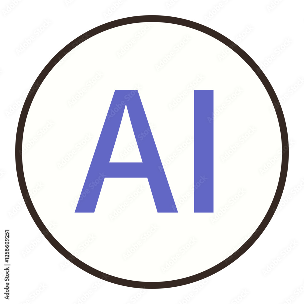 Purple AI lettering inside a black-outlined circle on a light background. Ideal for technology, AI, machine learning, software, innovation, automation, coding design themes. Flat color icon Purple AI lettering inside a black-outlined circle on a light background. Ideal for technology, AI, machine learning, software, innovation, automation, coding design themes. Flat color icon