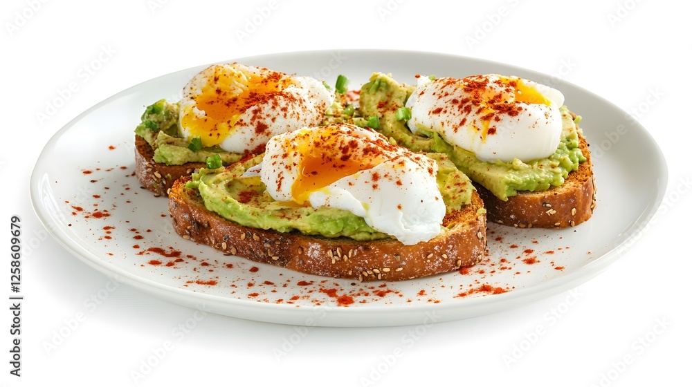 A Plate of Avocado Toast with Poached Eggs and a Sprinkle of Herbs A Plate of Avocado Toast with Poached Eggs and a Sprinkle of Herbs