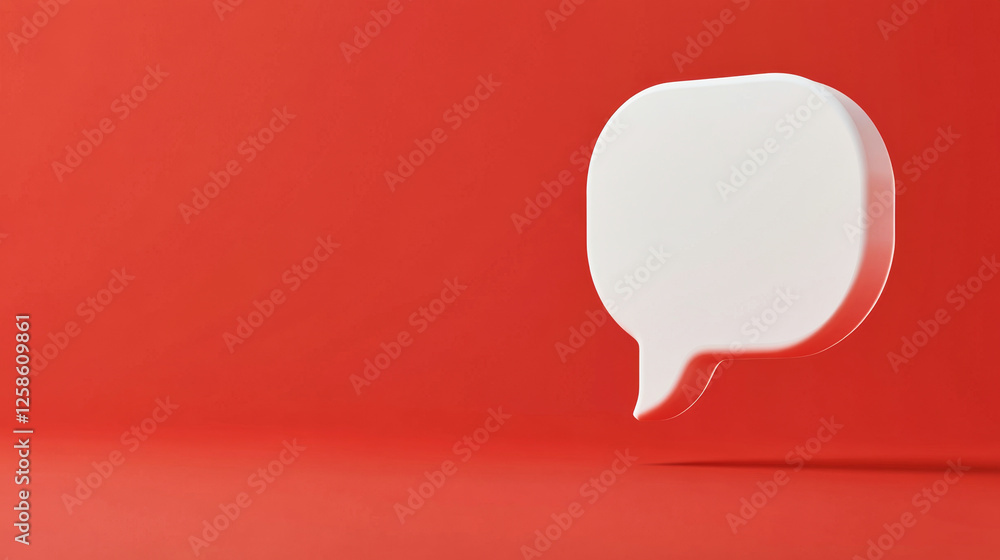Elegant white speech bubble icon against a vibrant red background in 3D clay design Elegant white speech bubble icon against a vibrant red background in 3D clay design