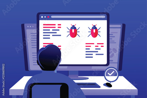 A focused software tester meticulously reviews lines of code on a computer screen, highlighting potential bugs.  The image should convey concentration and technical expertise.