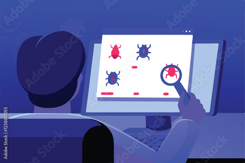 A focused software tester meticulously reviews lines of code on a computer screen, highlighting potential bugs.
