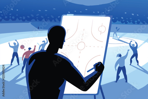 A focused sports coach meticulously draws complex game strategies and plays on a whiteboard, using markers, during a team meeting.