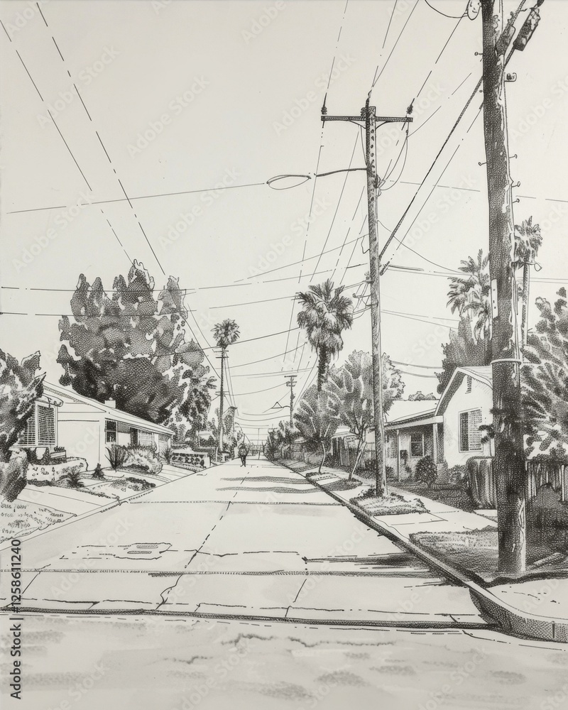 Residential Avenue View with Overhead Power Lines and Approaching Figure in Perspective Drawing Residential Avenue View with Overhead Power Lines and Approaching Figure in Perspective Drawing